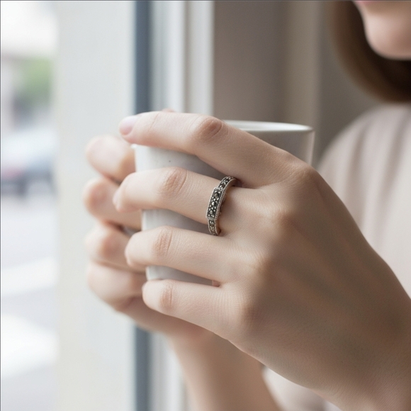 Lavish by TJM ✦ Sterling Silver Marcasite Band Ring ✦ Oxidized Filigree Finish 6 - Picture 1 of 5